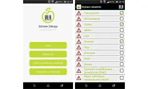 Aplikacja zdrowe zakupy pomaga świadomie wybierać produkty. Na ekranie głównym opcje skanowania, a po prawej lista składników do wyboru.