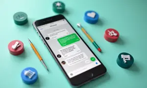 Telefon z otwartym WhatsAppem, otoczony kolorowymi symbolami. Dowiedz się, jak odświeżyć WhatsApp i usprawnić komunikację.