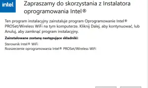 Instalator Intel PROSet/Wireless WiFi. Pomaga jak zaktualizować sterowniki karty sieciowej. Kliknij Dalej, aby kontynuować.