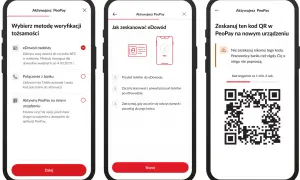 Ekran telefonu pokazuje jak aktywować Peopay na nowym telefonie. Możesz wybrać weryfikację eDowodem, połączeniem z bankiem lub innym urządzeniem.