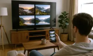 Mężczyzna trzyma smartfon, na którym widać cztery obrazy krajobrazów, podobne do tych wyświetlanych na telewizorze LG. To może być pomocne, gdy zastanawiasz się, jak ściągnąć aplikacje na telewizor LG.