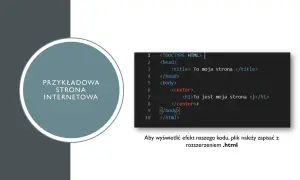 Przykładowa strona internetowa w notatniku. Kod HTML pokazuje, jak zrobić stronę internetową, zapisując plik z rozszerzeniem .html.