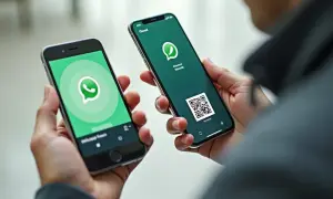Dwie dłonie trzymają telefony z aplikacją WhatsApp. Na jednym ekranie logo, na drugim kod QR, pomocny, by dowiedzieć się, jak założyć WhatsApp na telefonie.