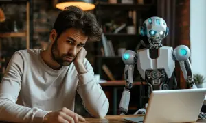Zmęczony mężczyzna siedzi przy laptopie, obok niego stoi robot. Szuka informacji, jak wyłączyć AI w Androidzie.