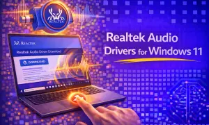 Jak uaktualnić sterowniki Realtek Audio na Windows 11? Laptop z otwartą stroną pobierania sterowników i ikoną Realtek.