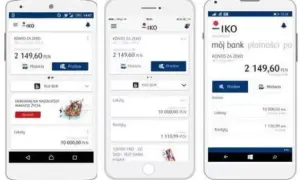 Trzy ekrany aplikacji IKO pokazują stan konta i oferty. Dowiedz się, jak aktywować IKO na drugim telefonie, by mieć dostęp do finansów zawsze pod ręką.