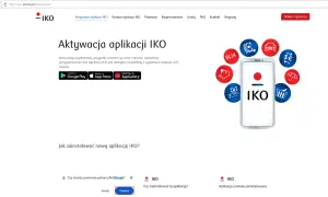 Strona internetowa wyjaśnia, jak aktywować aplikację IKO na nowym telefonie. Widoczne są ikony pobierania z Google Play, App Store i Huawei AppGallery.