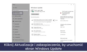 Ekran Ustawień Windows 10, sekcja Aktualizacje i zabezpieczenia. Widoczny komunikat o braku możliwości aktualizacji do Windows 11.