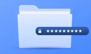 Ilustracja pokazuje, jak zabezpieczyć folder hasłem. Widoczny jest symbol kłódki i gwiazdki, symbolizujące ochronę danych.