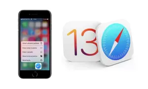 Ikona Safari na iPhonie z menu opcji i logo iOS 13. Dowiedz się, jak zaktualizować Safari.