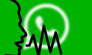 Profil osoby i fala dźwiękowa na tle logo WhatsApp. Dowiedz się, jak korzystać z WhatsAppa, wysyłając wiadomości głosowe.