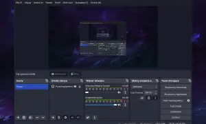 OBS Studio, popularna aplikacja do nagrywania ekranu i streamingu, z widocznym podglądem sceny, mikserem dźwięku i panelem sterowania.