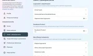 Centrum kont Meta: Hasło i zabezpieczenia. Sekcja "Logowanie i odzyskiwanie" zawiera opcję "Zapisane dane logowania", która pomoże Ci sprawdzić ostatnie logowania na FB.
