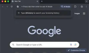 Przycisk "AI Mode" w pasku adresu Google Chrome. Aby wyłączyć tryb AI, naciśnij Tab, a następnie Enter.