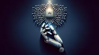 Robotyczna dłoń podtrzymuje chip z napisem AI, budząc pytania: czy sztuczna inteligencja jest niebezpieczna?