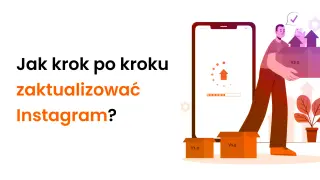 Jak krok po kroku zaktualizować Instagram? Ilustracja pokazuje proces aktualizacji aplikacji, z pudełkami symbolizującymi wersje.