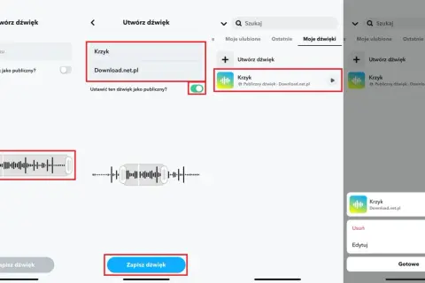 Jak ustawić oryginalny dźwięk Snapchat: wybierz "Krzyk" z Download.net.pl, aby dodać go do swoich dźwięków.