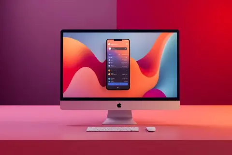 Mac z ekranem wyświetlającym iPhone'a z aplikacjami. Dowiedz się, jak pobrać app z app store bez iOS urządzenia.