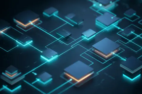 Abstrakcyjny układ sieciowy z niebieskimi liniami i kwadratowymi elementami, przypominający architekturę baz danych, np. w przypadku MS SQL.