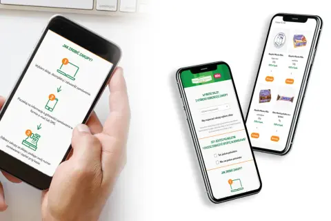 Dwie smartfony prezentują aplikację Delikatesy Centrum, pokazując proces zakupów online i listę produktów.