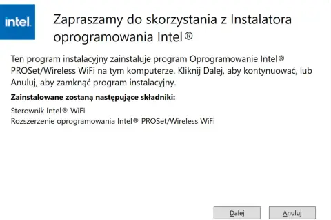 Instalator Intel PROSet/Wireless WiFi. Pomaga jak zaktualizować sterowniki karty sieciowej. Kliknij Dalej, aby kontynuować.