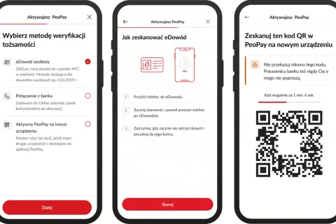 Ekran telefonu pokazuje jak aktywować Peopay na nowym telefonie. Możesz wybrać weryfikację eDowodem, połączeniem z bankiem lub innym urządzeniem.