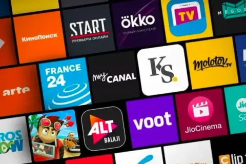 Wiele ikon aplikacji streamingowych na ekranie telewizora. Dowiedz się, jak pobrać aplikacje na telewizor, aby oglądać filmy i seriale.