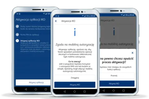 Trzy telefony pokazują kroki aktywacji aplikacji IKO. Dowiedz się, jak aktywować IKO na innym telefonie, postępując zgodnie z instrukcjami na ekranie.