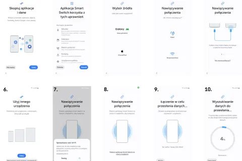 Instrukcja krok po kroku, jak używać aplikacji Smart Switch do przenoszenia danych między urządzeniami.
