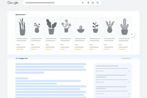 Szukasz sposobu, jak wyłączyć przegląd od AI Google? Na ekranie widzisz wyniki wyszukiwania Google z sekcją "Przegląd od AI" i reklamami.