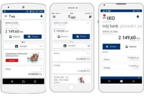 Trzy ekrany aplikacji IKO pokazują stan konta i oferty. Dowiedz się, jak aktywować IKO na drugim telefonie, by mieć dostęp do finansów zawsze pod ręką.