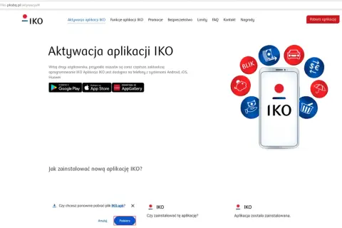 Strona internetowa wyjaśnia, jak aktywować aplikację IKO na nowym telefonie. Widoczne są ikony pobierania z Google Play, App Store i Huawei AppGallery.