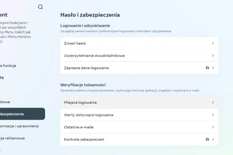 Centrum kont Meta: Hasło i zabezpieczenia. Sekcja "Logowanie i odzyskiwanie" pozwala sprawdzić, jak sprawdzić logowanie na Messengerze, zmienić hasło i włączyć uwierzytelnianie dwuskładnikowe.