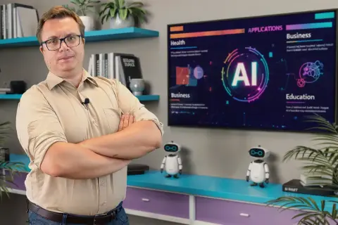 Mężczyzna z założonymi rękami obok ekranu z napisem AI. Dowiedz się, jak zacząć z AI nie mając wiedzy technicznej.