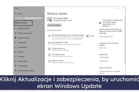 Ekran Ustawień Windows 10, sekcja Aktualizacje i zabezpieczenia. Widoczny komunikat o braku możliwości aktualizacji do Windows 11.