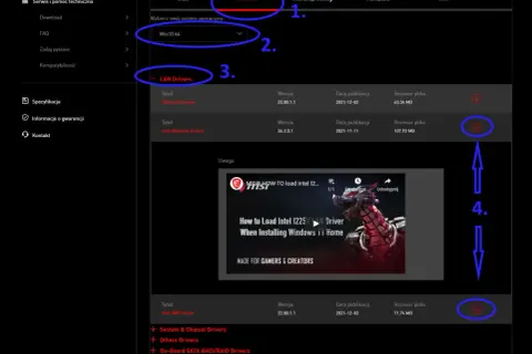 Jak zaktualizować sterowniki karty sieciowej Windows 11: wybierz "Sterownik", system "Win10 64", a następnie "LAN Drivers" i pobierz plik.