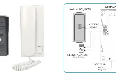 Domofon: panel zewnętrzny i unifon z instrukcją podłączenia.