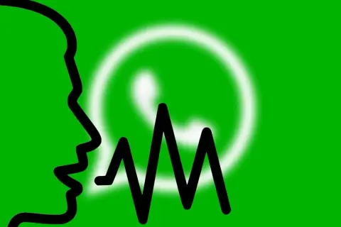 Profil osoby i fala dźwiękowa na tle logo WhatsApp. Dowiedz się, jak korzystać z WhatsAppa, wysyłając wiadomości głosowe.