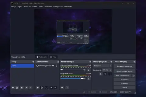 OBS Studio, popularna aplikacja do nagrywania ekranu i streamingu, z widocznym podglądem sceny, mikserem dźwięku i panelem sterowania.