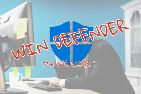 Zrezygnowany pracownik przed monitorem, nad nim logo Windows Defender i pytanie: jak wyłączyć Windows Defender?