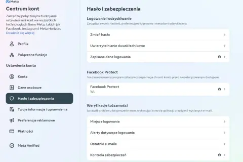 Centrum kont Meta: Hasło i zabezpieczenia. Sekcja "Logowanie i odzyskiwanie" zawiera opcję "Zapisane dane logowania", która pomoże Ci sprawdzić ostatnie logowania na FB.