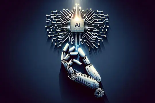Robotyczna dłoń podtrzymuje chip z napisem AI, budząc pytania: czy sztuczna inteligencja jest niebezpieczna?