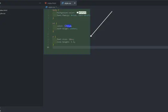 Widok kodu CSS w edytorze, pokazujący jak dodać CSS do HTML poprzez definicje stylów dla body, h1 i p.