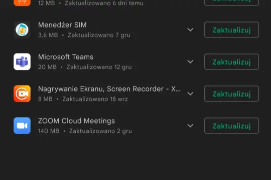 Lista aplikacji do aktualizacji na telefonie: Allegro, Menedżer SIM, Microsoft Teams, Nagrywanie Ekranu, ZOOM. Jak zaktualizować telefon? Kliknij "Zaktualizuj".