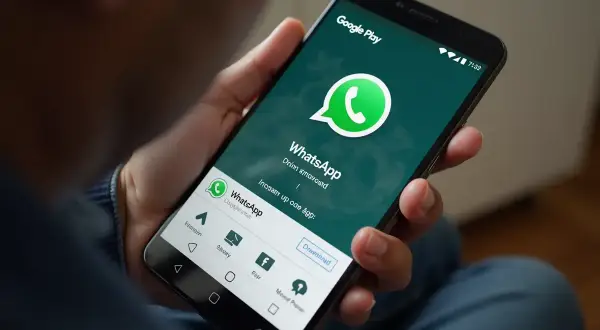 Osoba trzyma smartfon z ekranem Google Play, pokazującym jak ściągnąć WhatsApp na telefon.