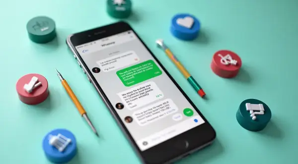 Telefon z otwartym WhatsAppem, otoczony kolorowymi symbolami. Dowiedz się, jak odświeżyć WhatsApp i usprawnić komunikację.