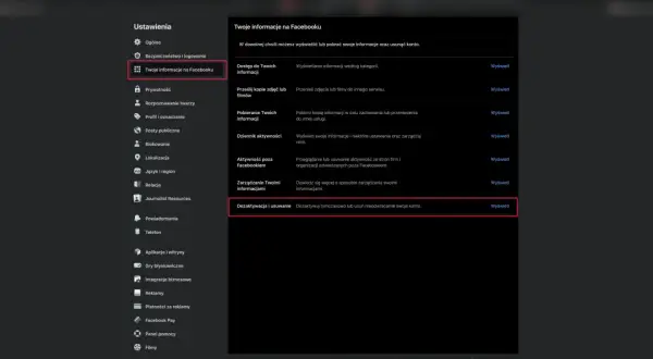 Ustawienia Facebooka: "Twoje informacje na Facebooku" > "Dezaktywacja i usuwanie". Tu dowiesz się, jak usunąć konto Messenger z telefonu.