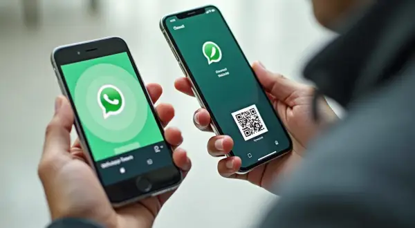 Dwie dłonie trzymają telefony z aplikacją WhatsApp. Na jednym ekranie logo, na drugim kod QR, pomocny, by dowiedzieć się, jak założyć WhatsApp na telefonie.