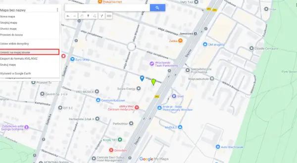 Menu Google Maps: "Umieść na mojej stronie" - instrukcja, jak umieścić mapę Google na swojej stronie.