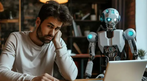Zmęczony mężczyzna siedzi przy laptopie, obok niego stoi robot. Szuka informacji, jak wyłączyć AI w Androidzie.